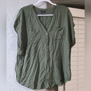 Torrid Button-Down Olive Shirt Rayon Slub Button-front Dolman Top size 3